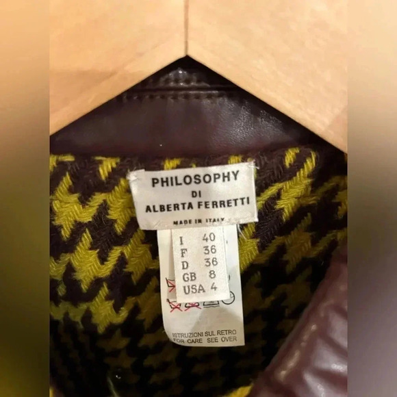 VTG PHILOSOPHY DI ALBERTA FERRETTI Wool houndstooth leather Skirt Jacket Set S - Picture 11 of 16
